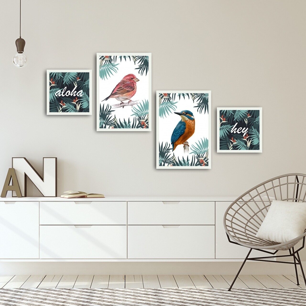 Set 4 tablouri decorative, Alpha Wall, Birds, 30x30/35x50 cm - imagine 3